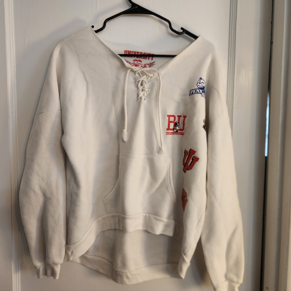 So Nikki White Off-the-Shoulder Lace-Up Sweatshirt with School Patches